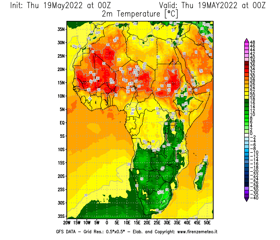 Mappa di analisi GFS - Temperatura a 2 metri dal suolo [°C] in Africa
									del 19/05/2022 00 <!--googleoff: index-->UTC<!--googleon: index-->