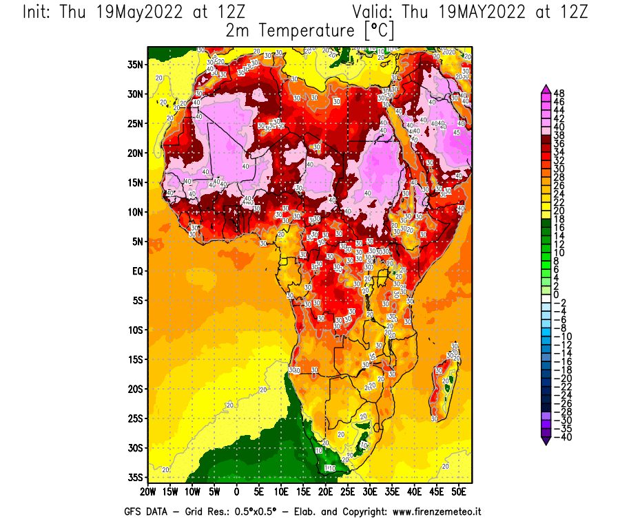 Mappa di analisi GFS - Temperatura a 2 metri dal suolo [°C] in Africa
									del 19/05/2022 12 <!--googleoff: index-->UTC<!--googleon: index-->