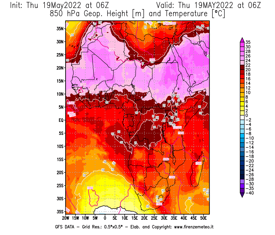 Mappa di analisi GFS - Geopotenziale [m] e Temperatura [°C] a 850 hPa in Africa
									del 19/05/2022 06 <!--googleoff: index-->UTC<!--googleon: index-->