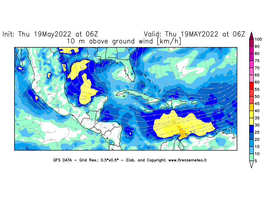 Mappa di analisi GFS - Velocità del vento a 10 metri dal suolo [km/h] in Centro-America
									del 19/05/2022 06 <!--googleoff: index-->UTC<!--googleon: index-->