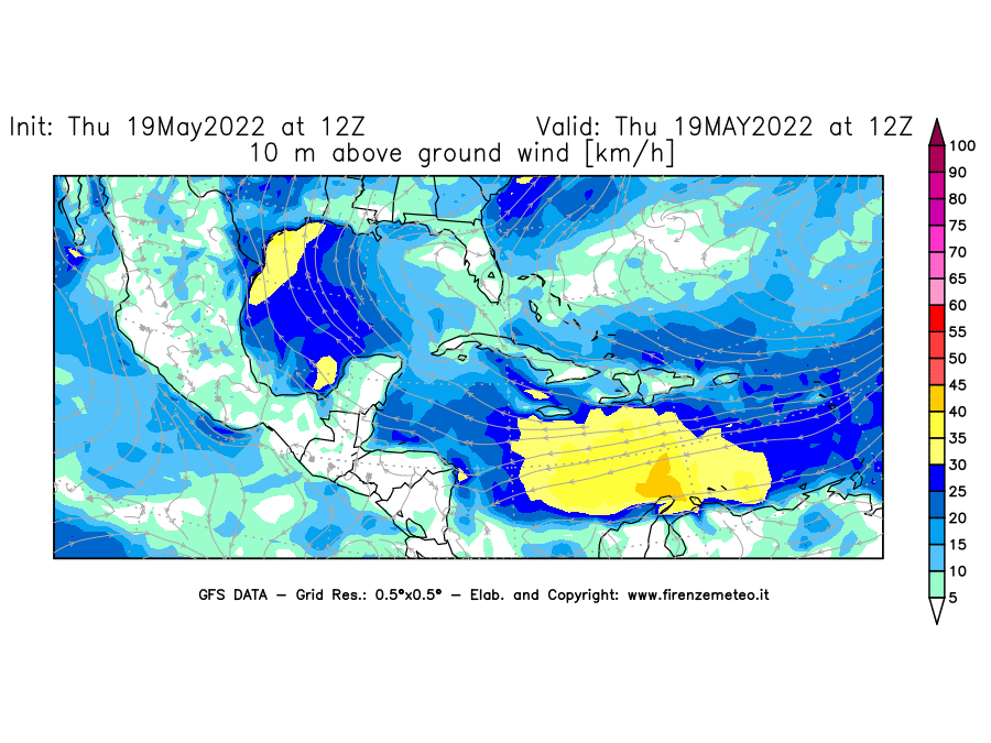 Mappa di analisi GFS - Velocità del vento a 10 metri dal suolo [km/h] in Centro-America
									del 19/05/2022 12 <!--googleoff: index-->UTC<!--googleon: index-->