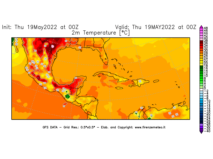 Mappa di analisi GFS - Temperatura a 2 metri dal suolo [°C] in Centro-America
									del 19/05/2022 00 <!--googleoff: index-->UTC<!--googleon: index-->
