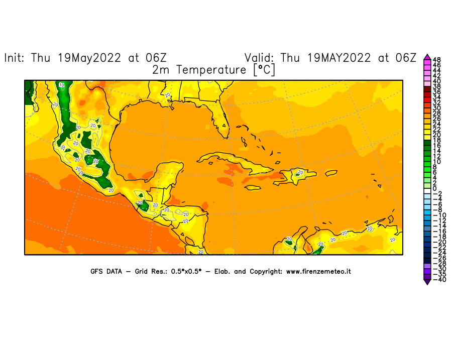 Mappa di analisi GFS - Temperatura a 2 metri dal suolo [°C] in Centro-America
									del 19/05/2022 06 <!--googleoff: index-->UTC<!--googleon: index-->