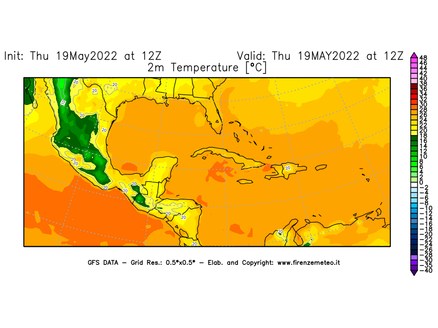 Mappa di analisi GFS - Temperatura a 2 metri dal suolo [°C] in Centro-America
									del 19/05/2022 12 <!--googleoff: index-->UTC<!--googleon: index-->