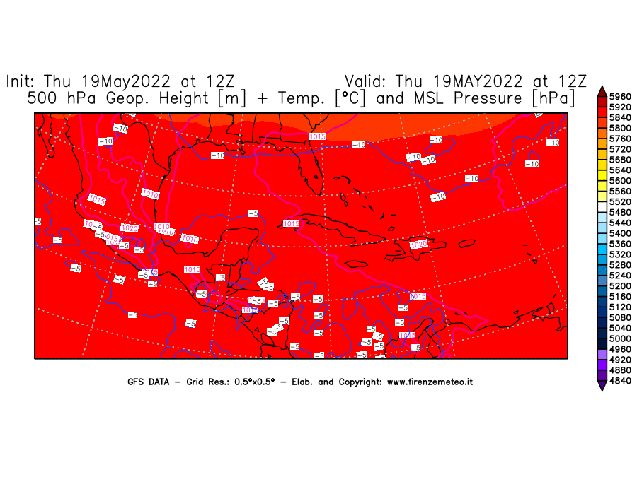 Mappa di analisi GFS - Geopotenziale [m] + Temp. [°C] a 500 hPa + Press. a livello del mare [hPa] in Centro-America
									del 19/05/2022 12 <!--googleoff: index-->UTC<!--googleon: index-->