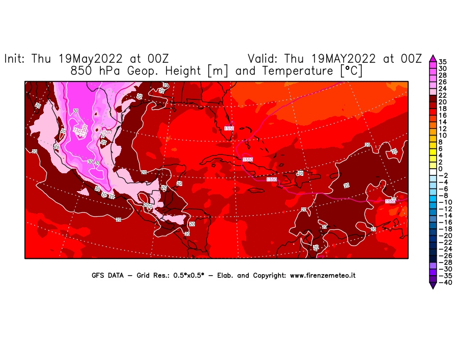 Mappa di analisi GFS - Geopotenziale [m] e Temperatura [°C] a 850 hPa in Centro-America
									del 19/05/2022 00 <!--googleoff: index-->UTC<!--googleon: index-->