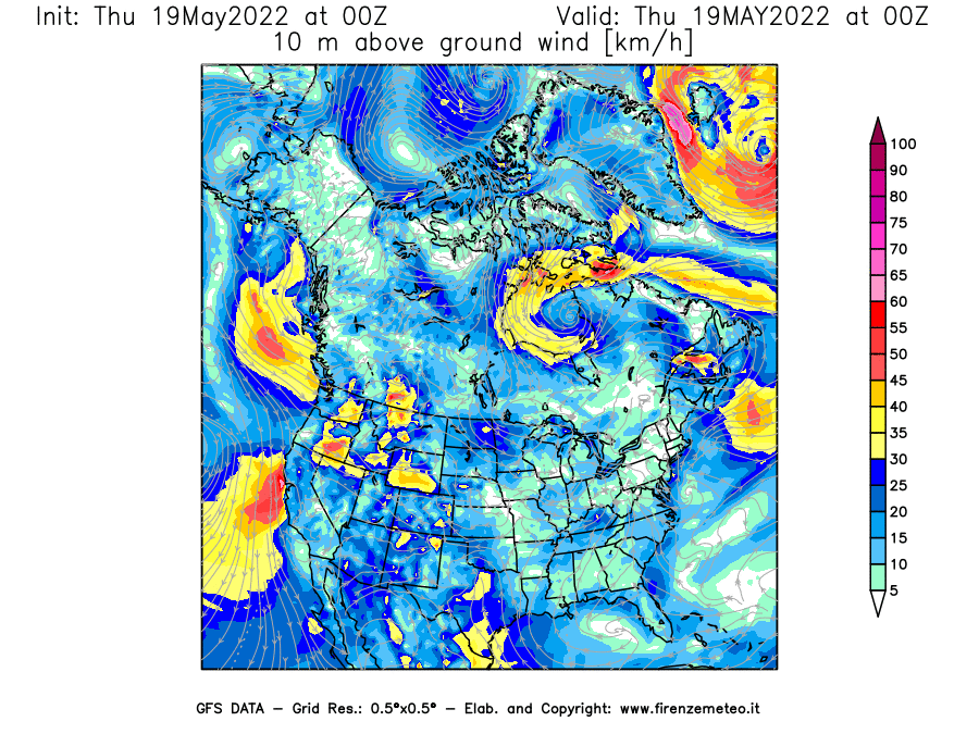 Mappa di analisi GFS - Velocità del vento a 10 metri dal suolo [km/h] in Nord-America
									del 19/05/2022 00 <!--googleoff: index-->UTC<!--googleon: index-->
