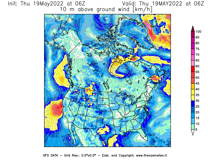 Mappa di analisi GFS - Velocità del vento a 10 metri dal suolo [km/h] in Nord-America
									del 19/05/2022 06 <!--googleoff: index-->UTC<!--googleon: index-->