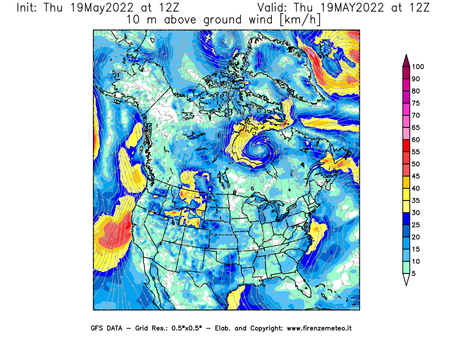 Mappa di analisi GFS - Velocità del vento a 10 metri dal suolo [km/h] in Nord-America
									del 19/05/2022 12 <!--googleoff: index-->UTC<!--googleon: index-->