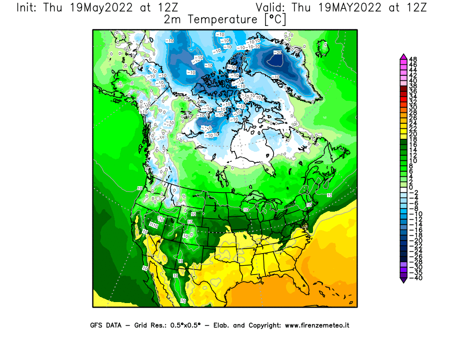 Mappa di analisi GFS - Temperatura a 2 metri dal suolo [°C] in Nord-America
									del 19/05/2022 12 <!--googleoff: index-->UTC<!--googleon: index-->