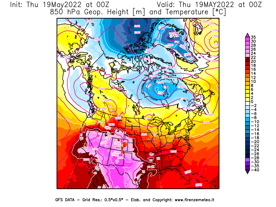 Mappa di analisi GFS - Geopotenziale [m] e Temperatura [°C] a 850 hPa in Nord-America
									del 19/05/2022 00 <!--googleoff: index-->UTC<!--googleon: index-->