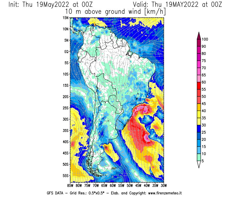 Mappa di analisi GFS - Velocità del vento a 10 metri dal suolo [km/h] in Sud-America
									del 19/05/2022 00 <!--googleoff: index-->UTC<!--googleon: index-->