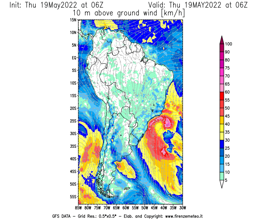 Mappa di analisi GFS - Velocità del vento a 10 metri dal suolo [km/h] in Sud-America
									del 19/05/2022 06 <!--googleoff: index-->UTC<!--googleon: index-->