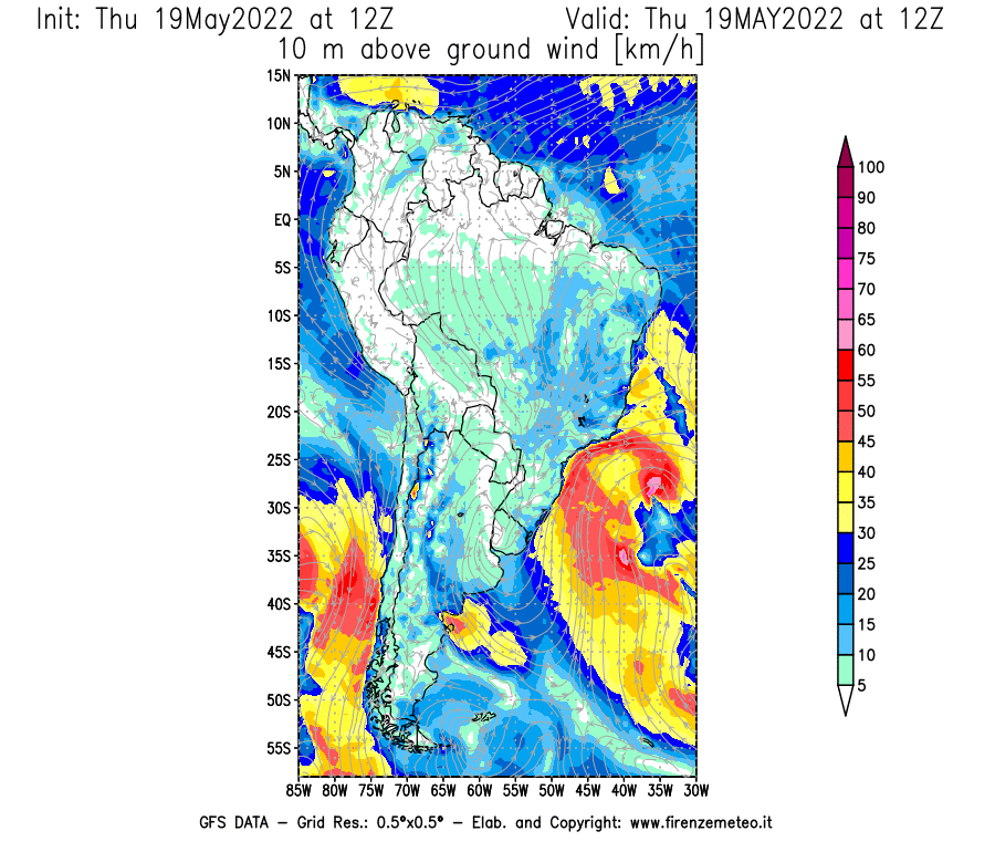 Mappa di analisi GFS - Velocità del vento a 10 metri dal suolo [km/h] in Sud-America
									del 19/05/2022 12 <!--googleoff: index-->UTC<!--googleon: index-->