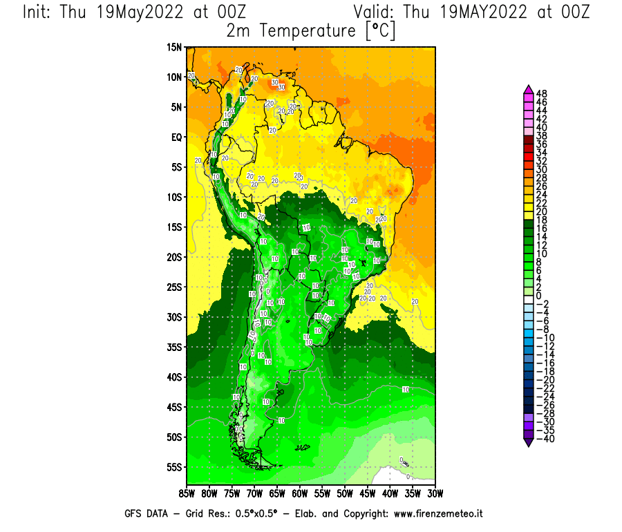 Mappa di analisi GFS - Temperatura a 2 metri dal suolo [°C] in Sud-America
									del 19/05/2022 00 <!--googleoff: index-->UTC<!--googleon: index-->