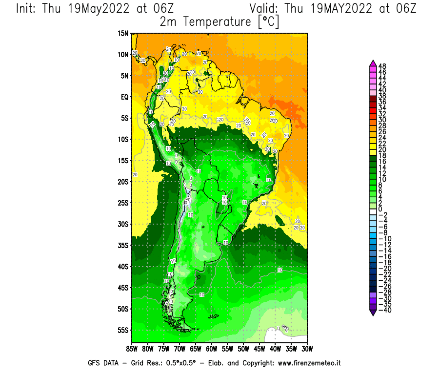 Mappa di analisi GFS - Temperatura a 2 metri dal suolo [°C] in Sud-America
									del 19/05/2022 06 <!--googleoff: index-->UTC<!--googleon: index-->