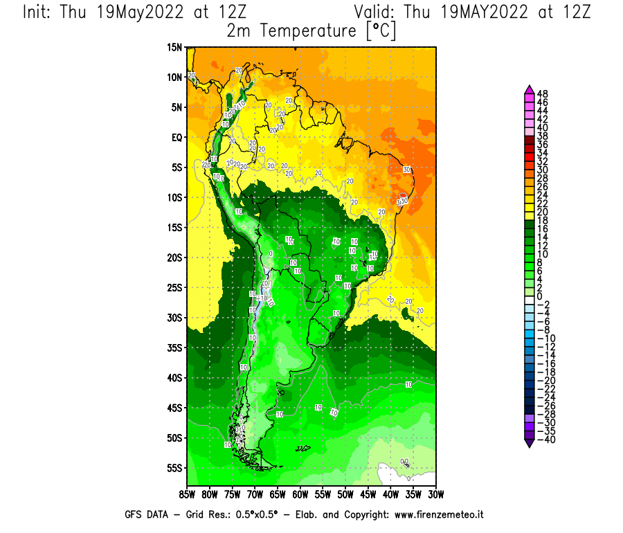 Mappa di analisi GFS - Temperatura a 2 metri dal suolo [°C] in Sud-America
									del 19/05/2022 12 <!--googleoff: index-->UTC<!--googleon: index-->
