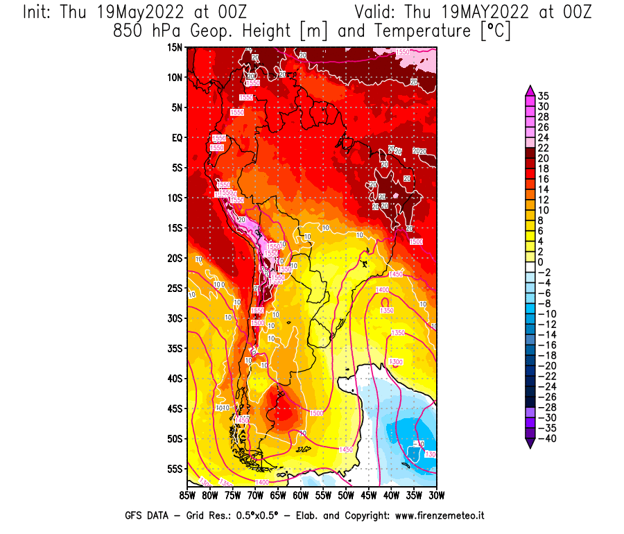 Mappa di analisi GFS - Geopotenziale [m] e Temperatura [°C] a 850 hPa in Sud-America
									del 19/05/2022 00 <!--googleoff: index-->UTC<!--googleon: index-->