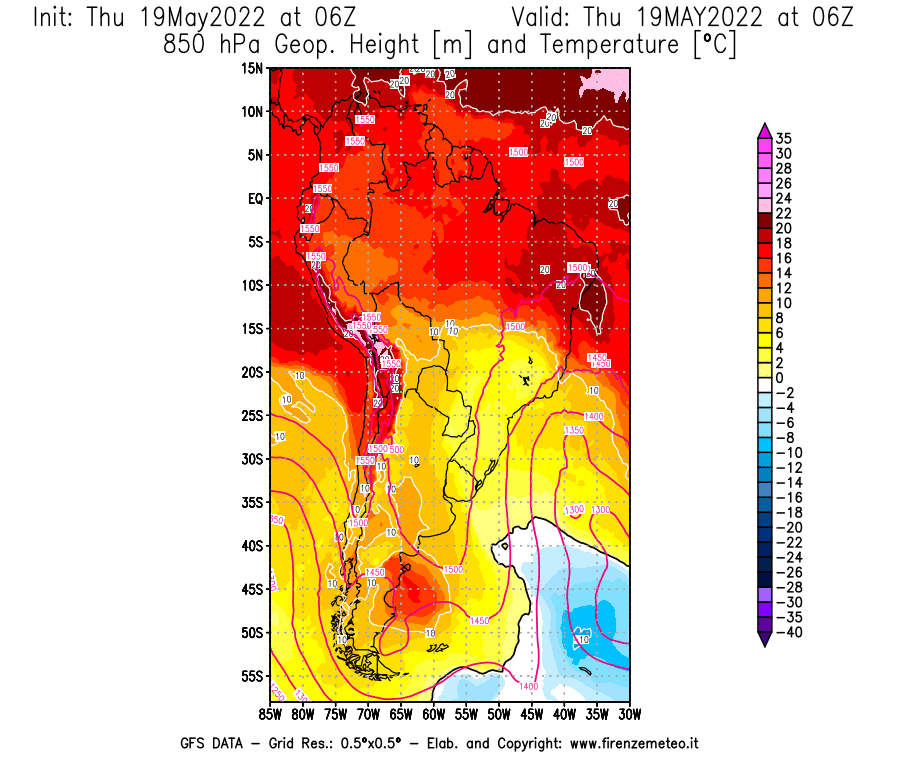 Mappa di analisi GFS - Geopotenziale [m] e Temperatura [°C] a 850 hPa in Sud-America
									del 19/05/2022 06 <!--googleoff: index-->UTC<!--googleon: index-->