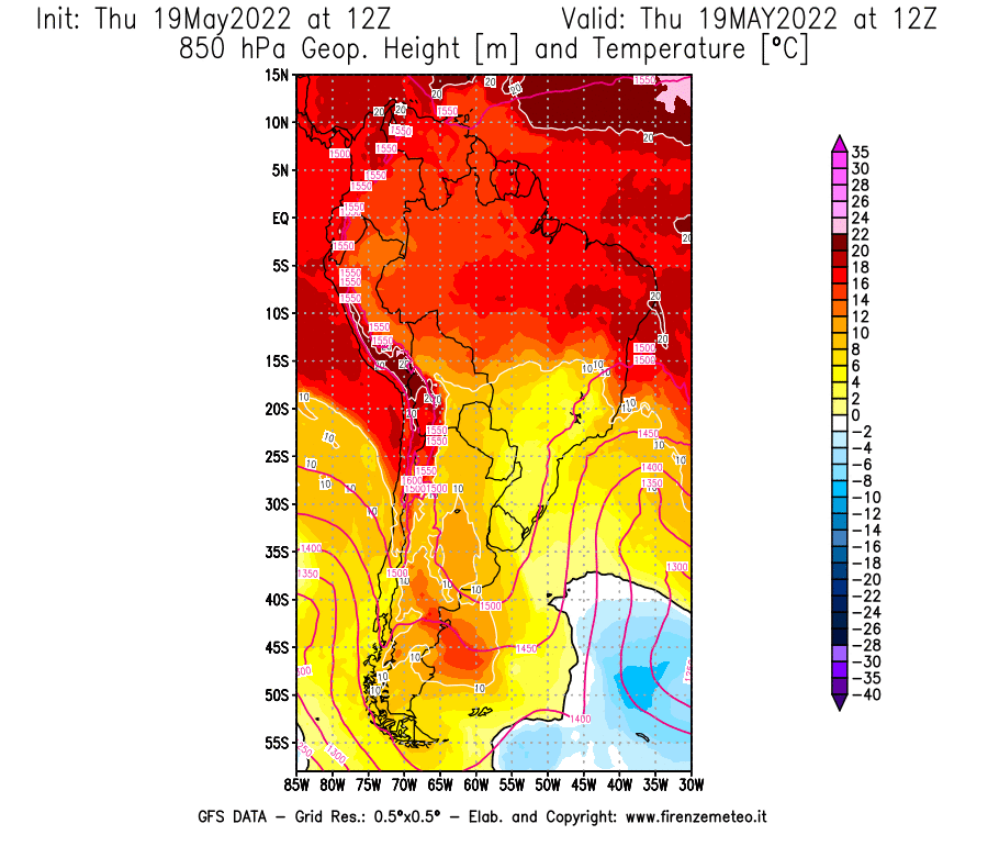 Mappa di analisi GFS - Geopotenziale [m] e Temperatura [°C] a 850 hPa in Sud-America
									del 19/05/2022 12 <!--googleoff: index-->UTC<!--googleon: index-->
