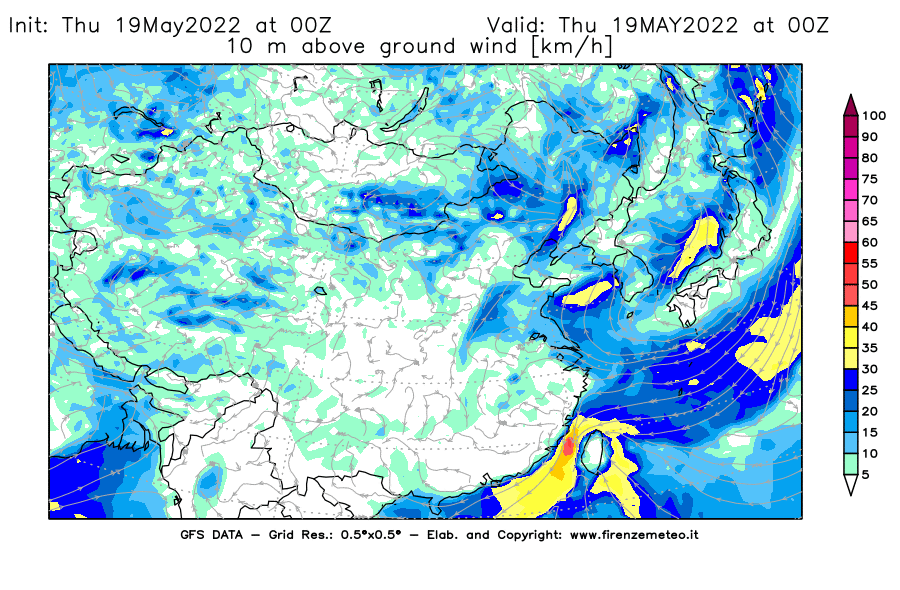 Mappa di analisi GFS - Velocità del vento a 10 metri dal suolo [km/h] in Asia Orientale
									del 19/05/2022 00 <!--googleoff: index-->UTC<!--googleon: index-->