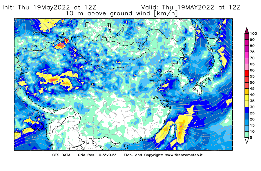 Mappa di analisi GFS - Velocità del vento a 10 metri dal suolo [km/h] in Asia Orientale
									del 19/05/2022 12 <!--googleoff: index-->UTC<!--googleon: index-->