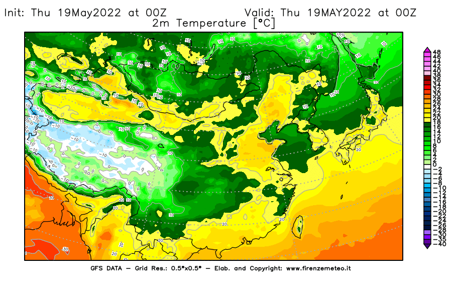 Mappa di analisi GFS - Temperatura a 2 metri dal suolo [°C] in Asia Orientale
									del 19/05/2022 00 <!--googleoff: index-->UTC<!--googleon: index-->