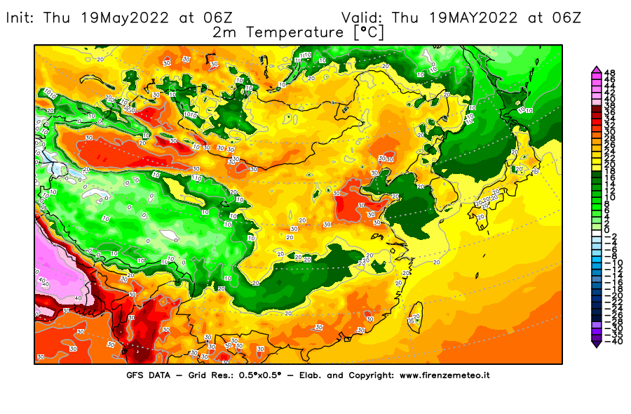 Mappa di analisi GFS - Temperatura a 2 metri dal suolo [°C] in Asia Orientale
									del 19/05/2022 06 <!--googleoff: index-->UTC<!--googleon: index-->