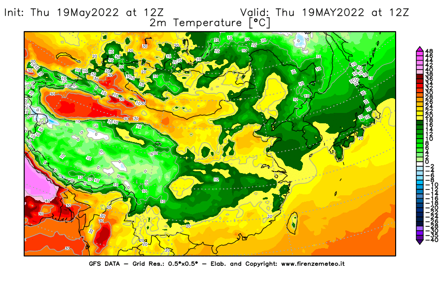 Mappa di analisi GFS - Temperatura a 2 metri dal suolo [°C] in Asia Orientale
									del 19/05/2022 12 <!--googleoff: index-->UTC<!--googleon: index-->
