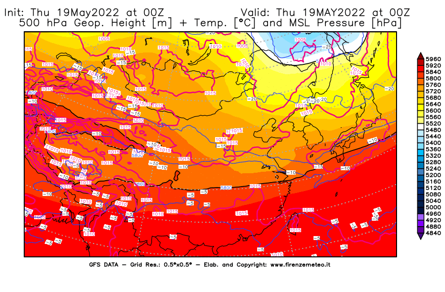 Mappa di analisi GFS - Geopotenziale [m] + Temp. [°C] a 500 hPa + Press. a livello del mare [hPa] in Asia Orientale
									del 19/05/2022 00 <!--googleoff: index-->UTC<!--googleon: index-->