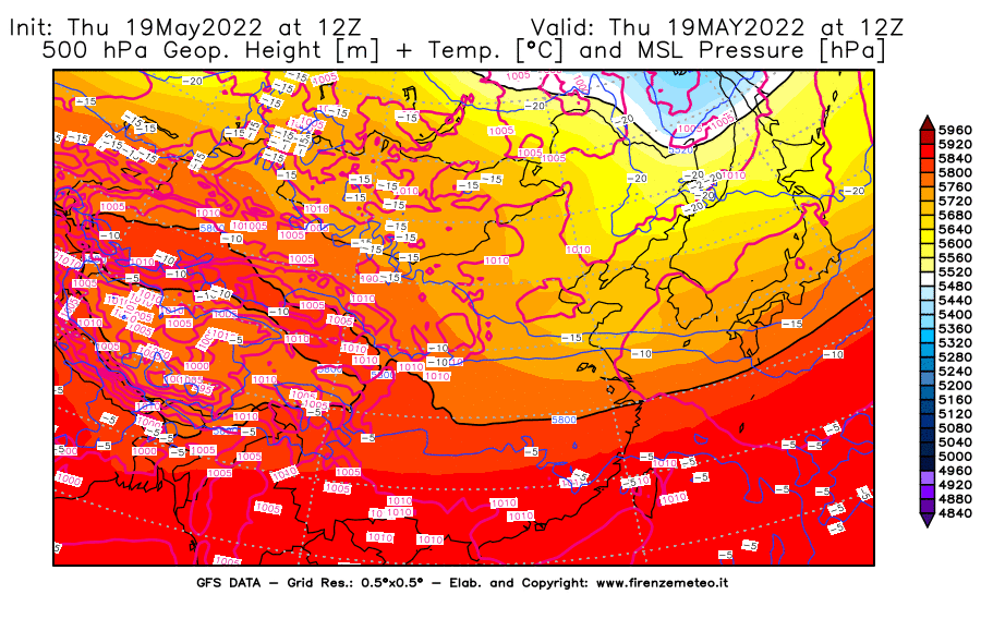 Mappa di analisi GFS - Geopotenziale [m] + Temp. [°C] a 500 hPa + Press. a livello del mare [hPa] in Asia Orientale
									del 19/05/2022 12 <!--googleoff: index-->UTC<!--googleon: index-->