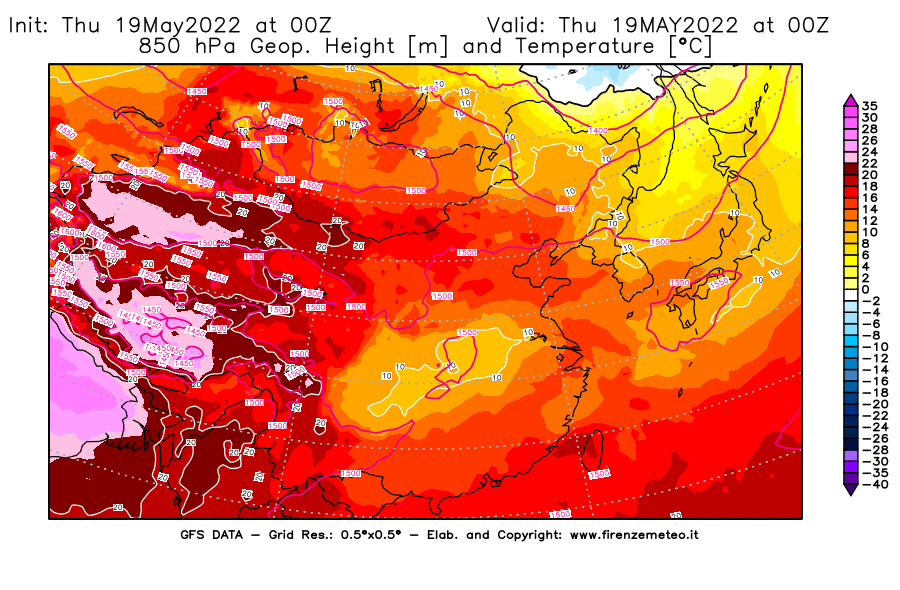 Mappa di analisi GFS - Geopotenziale [m] e Temperatura [°C] a 850 hPa in Asia Orientale
									del 19/05/2022 00 <!--googleoff: index-->UTC<!--googleon: index-->