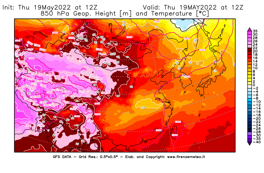 Mappa di analisi GFS - Geopotenziale [m] e Temperatura [°C] a 850 hPa in Asia Orientale
									del 19/05/2022 12 <!--googleoff: index-->UTC<!--googleon: index-->