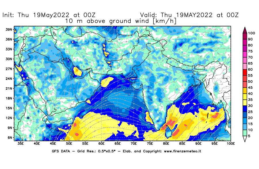 Mappa di analisi GFS - Velocità del vento a 10 metri dal suolo [km/h] in Asia Sud-Occidentale
									del 19/05/2022 00 <!--googleoff: index-->UTC<!--googleon: index-->