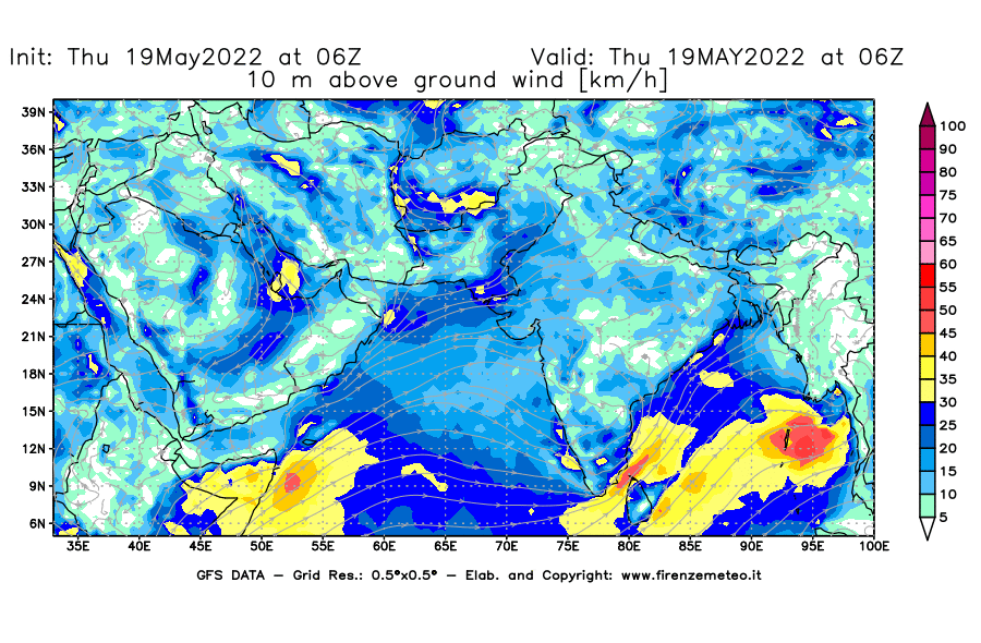 Mappa di analisi GFS - Velocità del vento a 10 metri dal suolo [km/h] in Asia Sud-Occidentale
									del 19/05/2022 06 <!--googleoff: index-->UTC<!--googleon: index-->