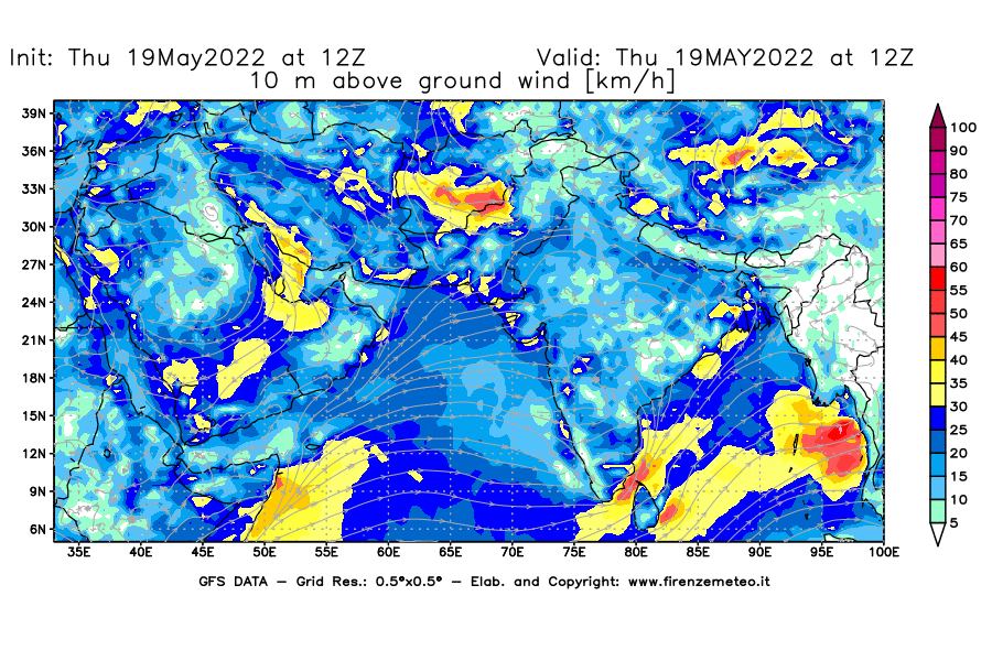 Mappa di analisi GFS - Velocità del vento a 10 metri dal suolo [km/h] in Asia Sud-Occidentale
									del 19/05/2022 12 <!--googleoff: index-->UTC<!--googleon: index-->