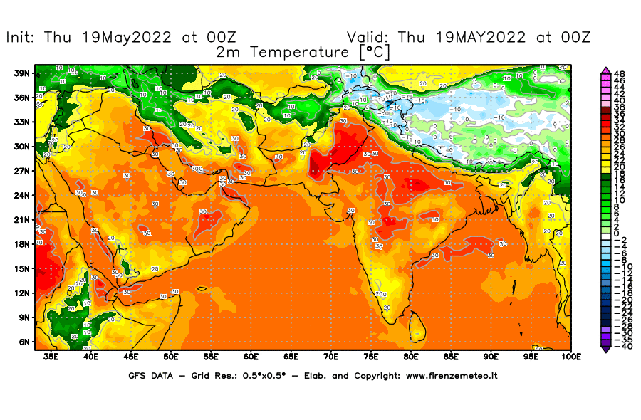 Mappa di analisi GFS - Temperatura a 2 metri dal suolo [°C] in Asia Sud-Occidentale
									del 19/05/2022 00 <!--googleoff: index-->UTC<!--googleon: index-->