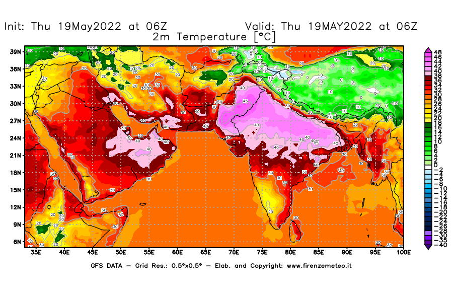 Mappa di analisi GFS - Temperatura a 2 metri dal suolo [°C] in Asia Sud-Occidentale
									del 19/05/2022 06 <!--googleoff: index-->UTC<!--googleon: index-->
