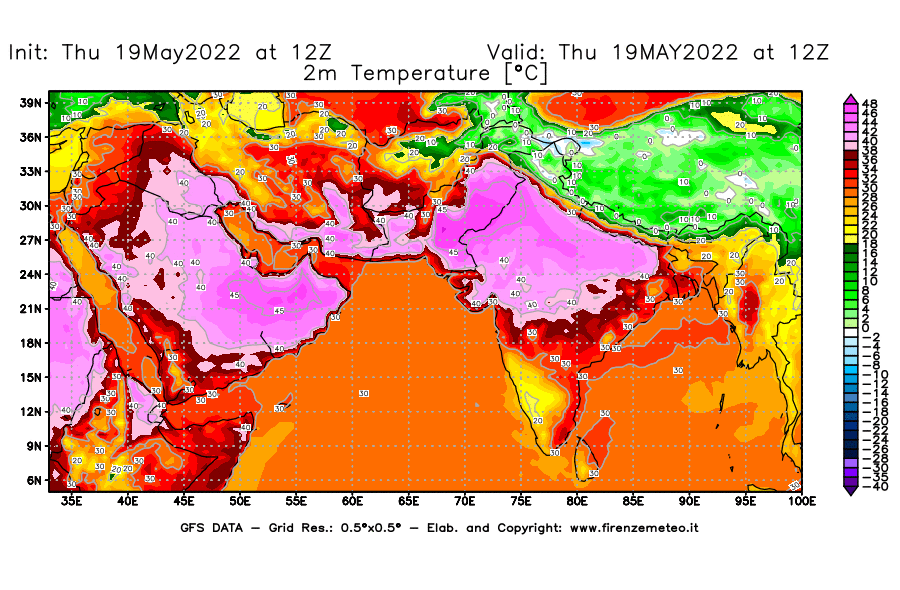 Mappa di analisi GFS - Temperatura a 2 metri dal suolo [°C] in Asia Sud-Occidentale
									del 19/05/2022 12 <!--googleoff: index-->UTC<!--googleon: index-->