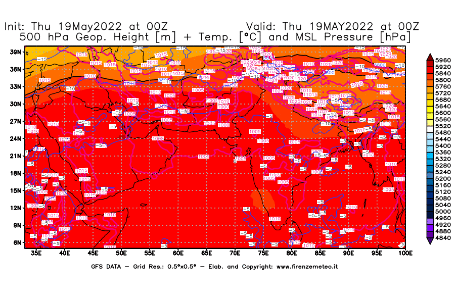 Mappa di analisi GFS - Geopotenziale [m] + Temp. [°C] a 500 hPa + Press. a livello del mare [hPa] in Asia Sud-Occidentale
									del 19/05/2022 00 <!--googleoff: index-->UTC<!--googleon: index-->