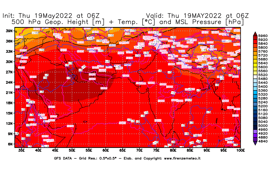 Mappa di analisi GFS - Geopotenziale [m] + Temp. [°C] a 500 hPa + Press. a livello del mare [hPa] in Asia Sud-Occidentale
									del 19/05/2022 06 <!--googleoff: index-->UTC<!--googleon: index-->