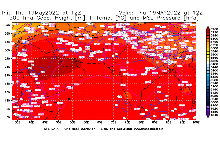 Mappa di analisi GFS - Geopotenziale [m] + Temp. [°C] a 500 hPa + Press. a livello del mare [hPa] in Asia Sud-Occidentale
									del 19/05/2022 12 <!--googleoff: index-->UTC<!--googleon: index-->