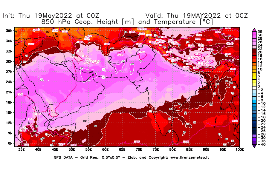 Mappa di analisi GFS - Geopotenziale [m] e Temperatura [°C] a 850 hPa in Asia Sud-Occidentale
									del 19/05/2022 00 <!--googleoff: index-->UTC<!--googleon: index-->