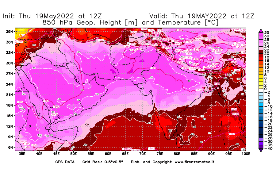 Mappa di analisi GFS - Geopotenziale [m] e Temperatura [°C] a 850 hPa in Asia Sud-Occidentale
									del 19/05/2022 12 <!--googleoff: index-->UTC<!--googleon: index-->