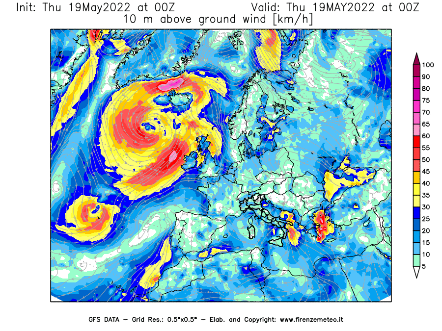 Mappa di analisi GFS - Velocità del vento a 10 metri dal suolo [km/h] in Europa
									del 19/05/2022 00 <!--googleoff: index-->UTC<!--googleon: index-->