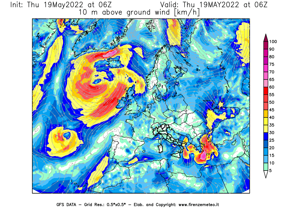 Mappa di analisi GFS - Velocità del vento a 10 metri dal suolo [km/h] in Europa
									del 19/05/2022 06 <!--googleoff: index-->UTC<!--googleon: index-->