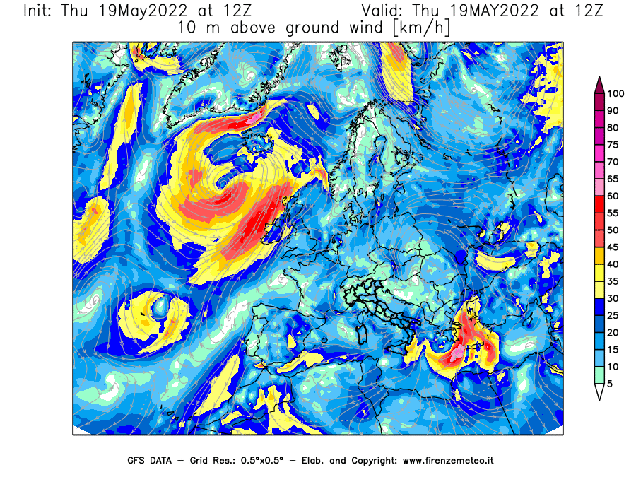 Mappa di analisi GFS - Velocità del vento a 10 metri dal suolo [km/h] in Europa
									del 19/05/2022 12 <!--googleoff: index-->UTC<!--googleon: index-->
