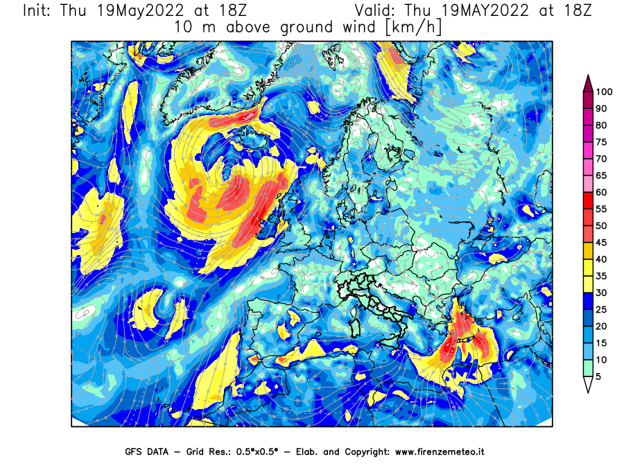 Mappa di analisi GFS - Velocità del vento a 10 metri dal suolo [km/h] in Europa
									del 19/05/2022 18 <!--googleoff: index-->UTC<!--googleon: index-->