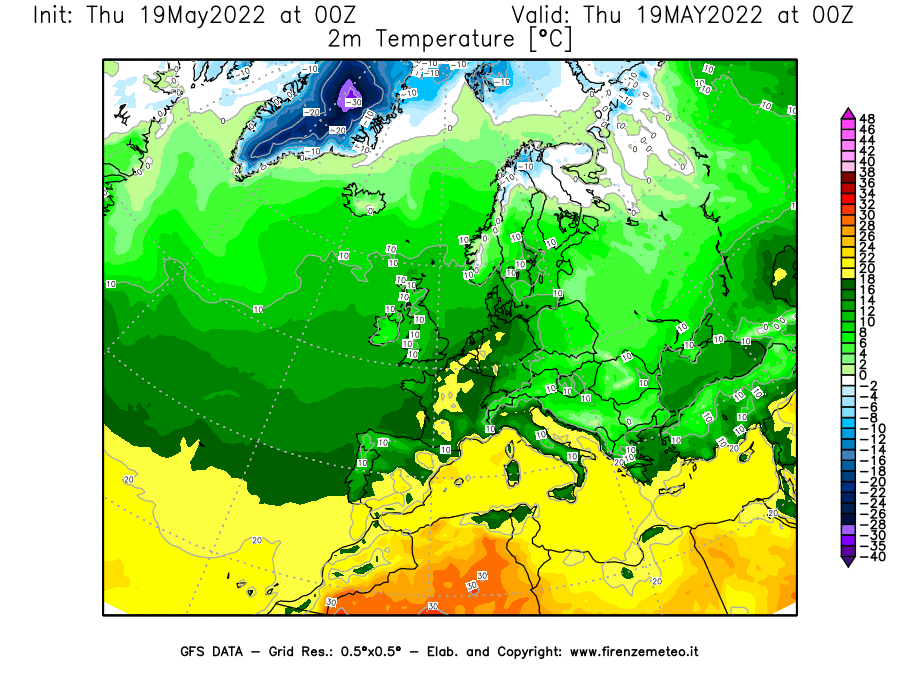 Mappa di analisi GFS - Temperatura a 2 metri dal suolo [°C] in Europa
									del 19/05/2022 00 <!--googleoff: index-->UTC<!--googleon: index-->