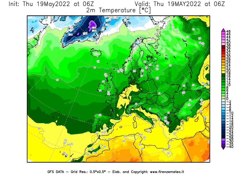 Mappa di analisi GFS - Temperatura a 2 metri dal suolo [°C] in Europa
									del 19/05/2022 06 <!--googleoff: index-->UTC<!--googleon: index-->